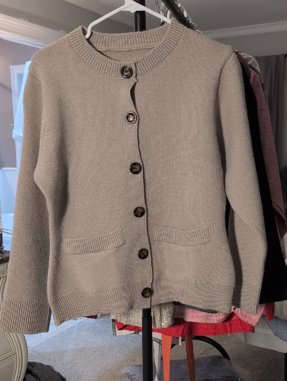 Women's Taupe Button-Front Pocket Cardigan Sweater